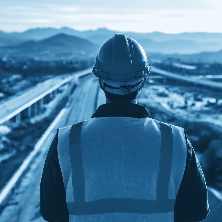 Site engineer overlooking a highway interchange under construction