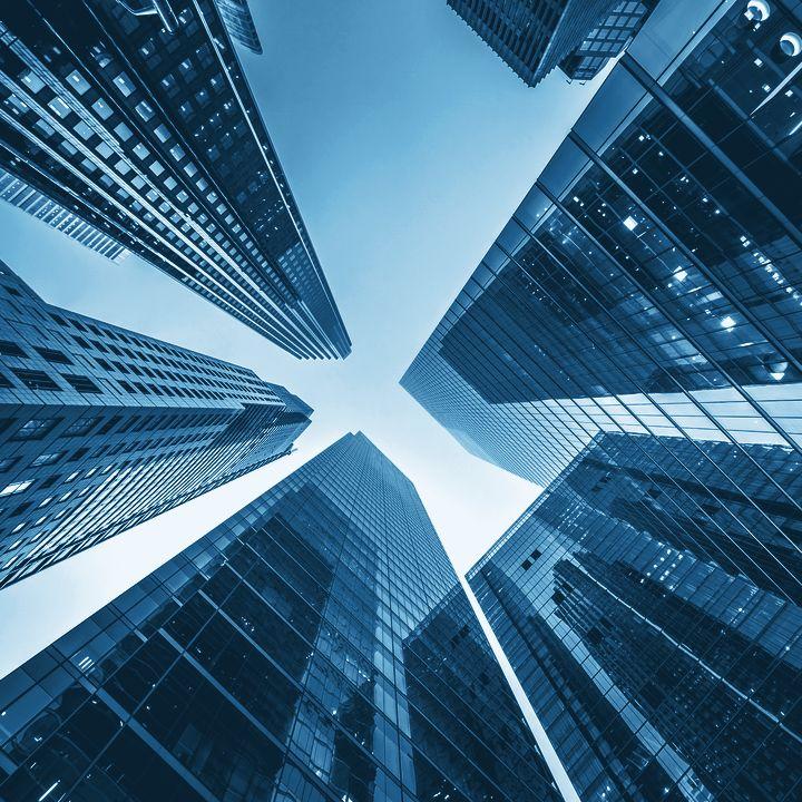 Financial district towers from street level